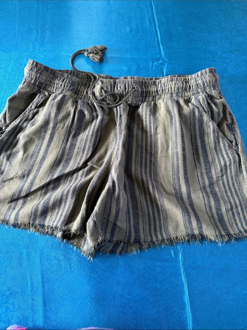 Time and Tru Olive and Navy Striped High Waist Drawstring Shorts